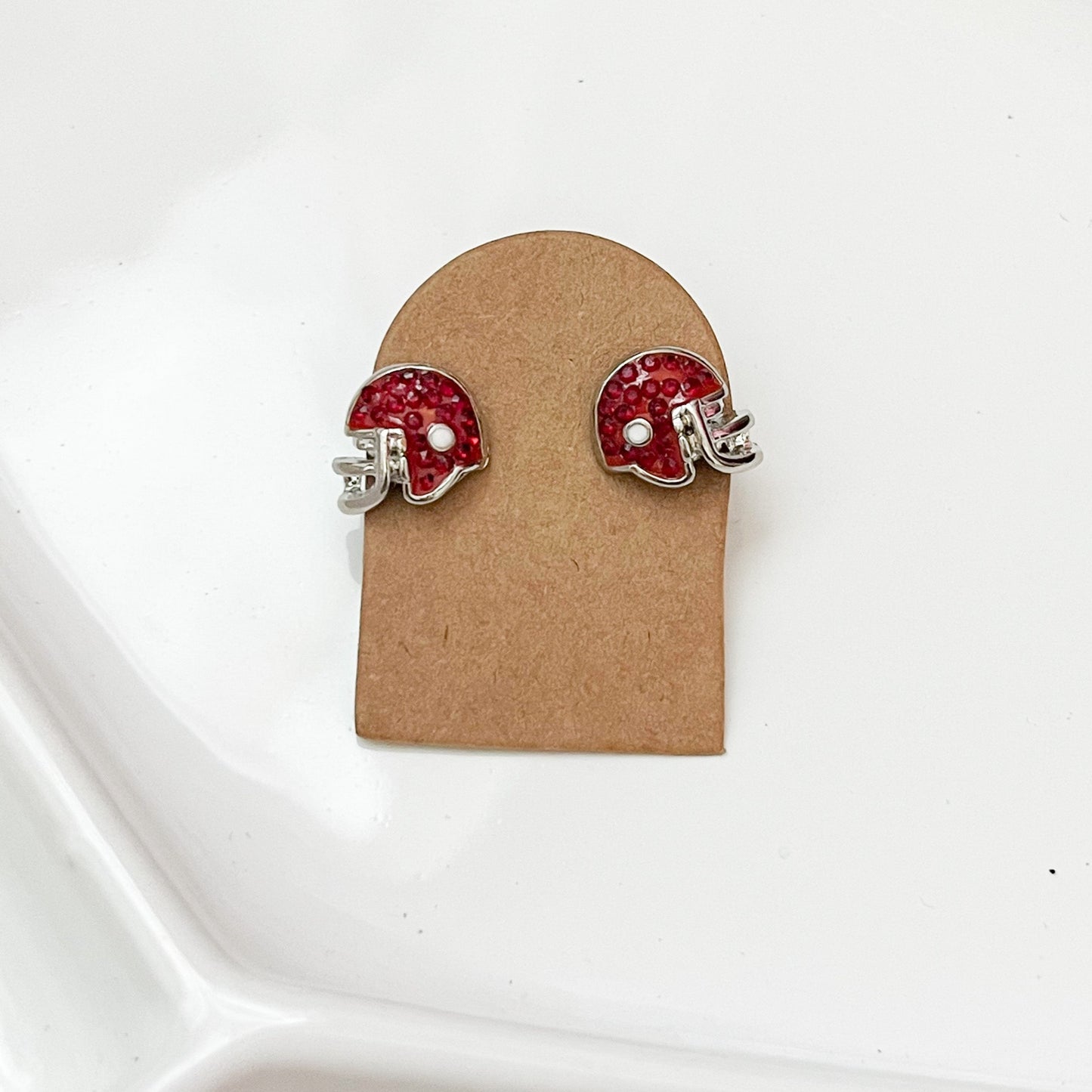Red Rhinestone Football Helmet Stud Earrings