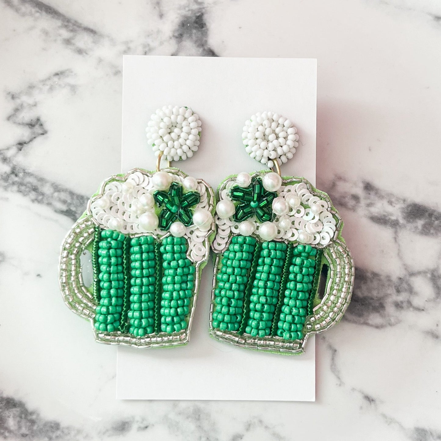 Green Beer Seed Bead Statement Earrings