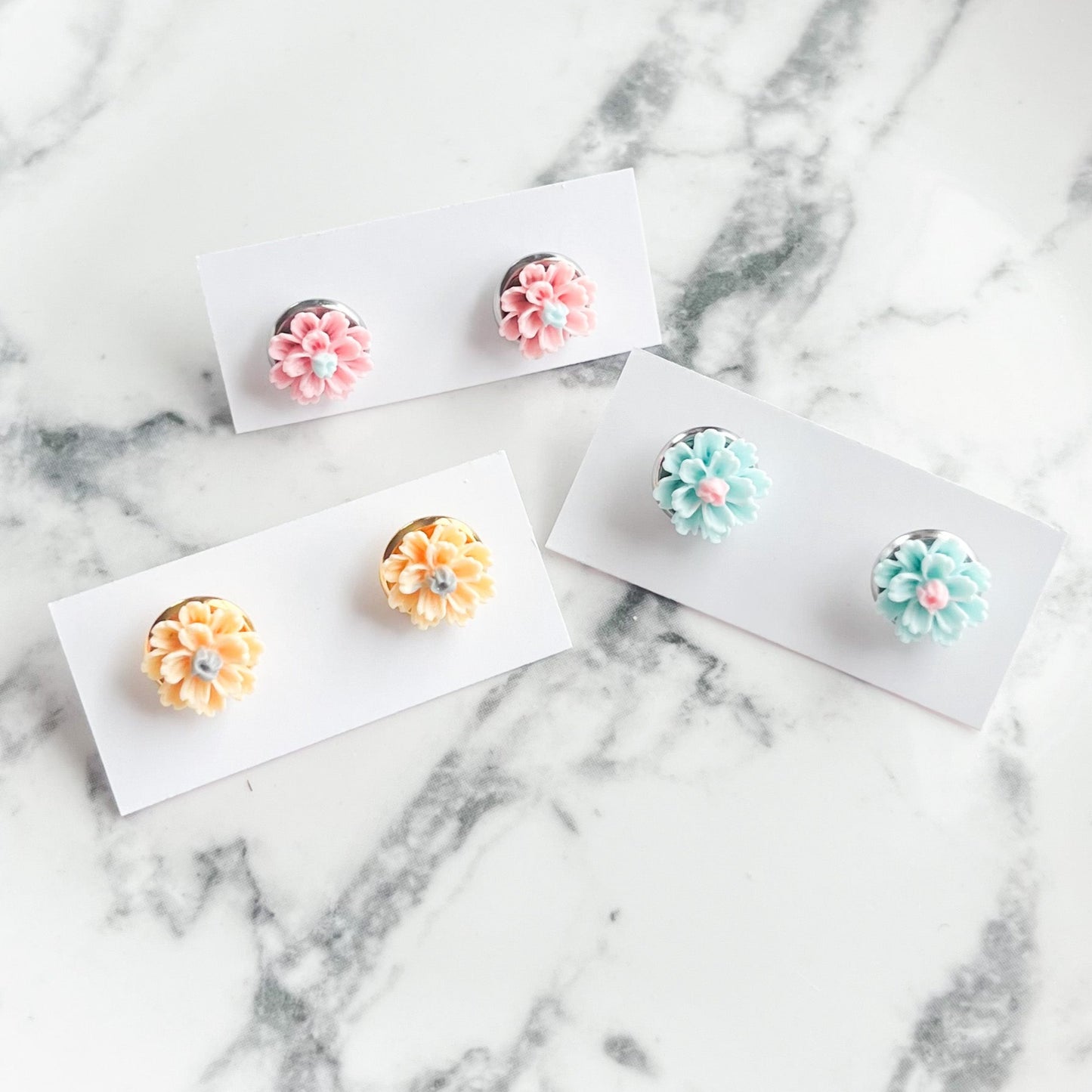Teal Blue Spring Flower Stud Earrings