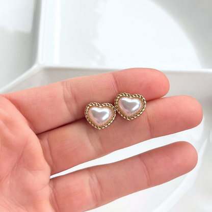 Golden Pearl Heart Stud Earrings