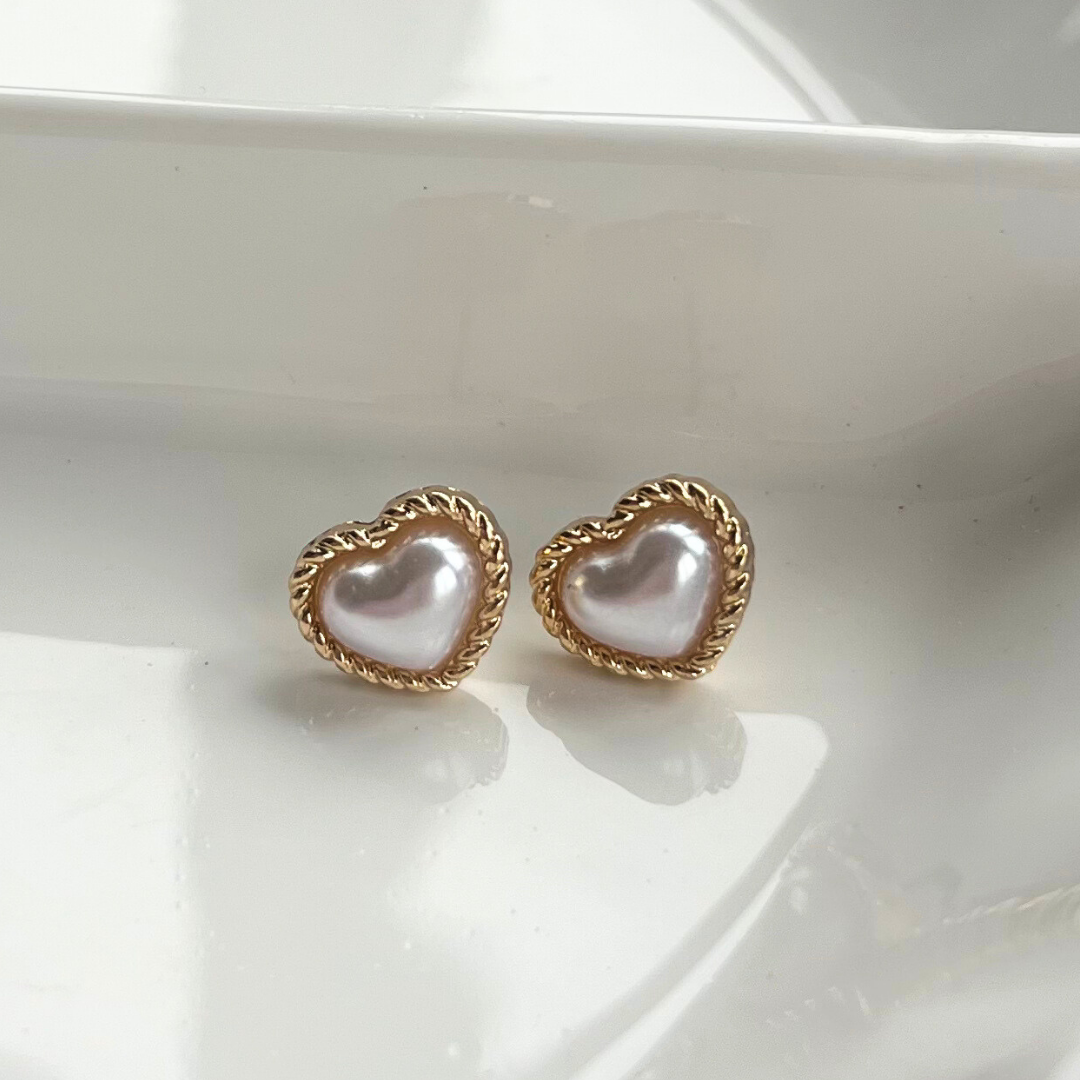 Golden Pearl Heart Stud Earrings