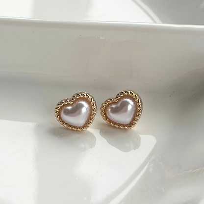 Golden Pearl Heart Stud Earrings