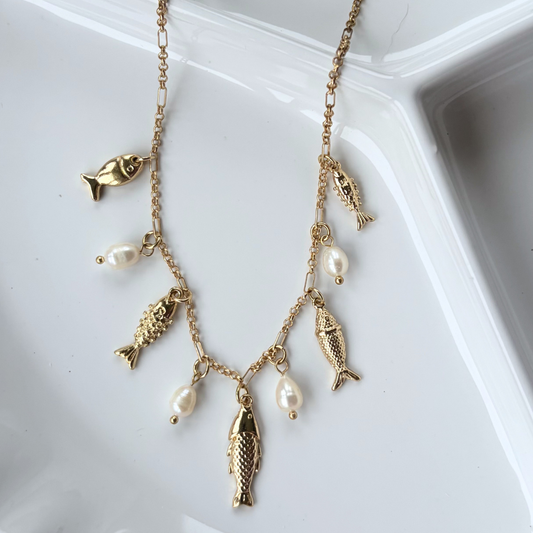 Coastal Pearl Gold Fish Charm Necklace