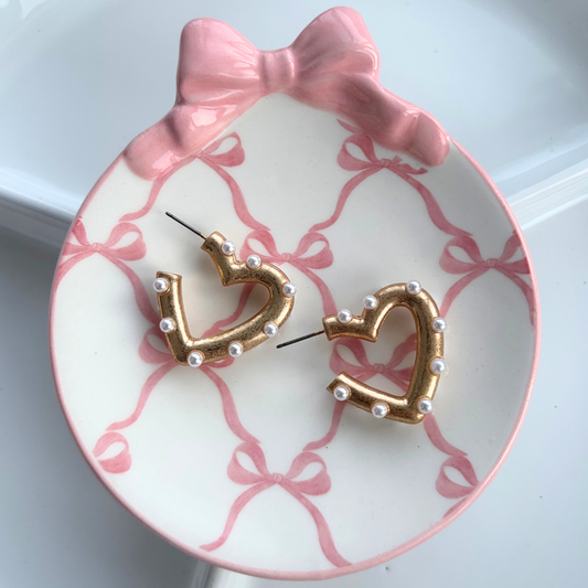 Lovely Gold Pearl Heart Hoop Earrings