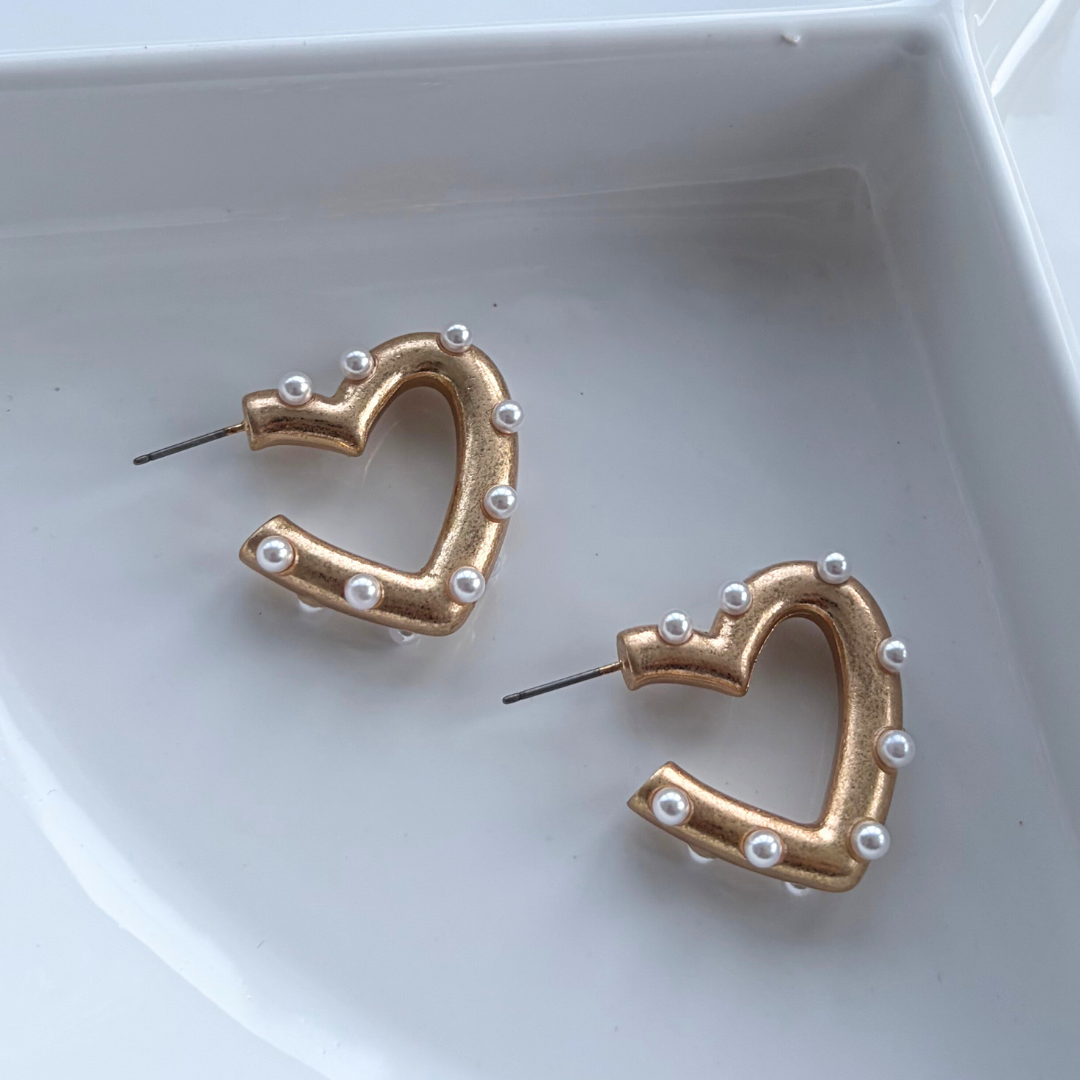 Lovely Gold Pearl Heart Hoop Earrings