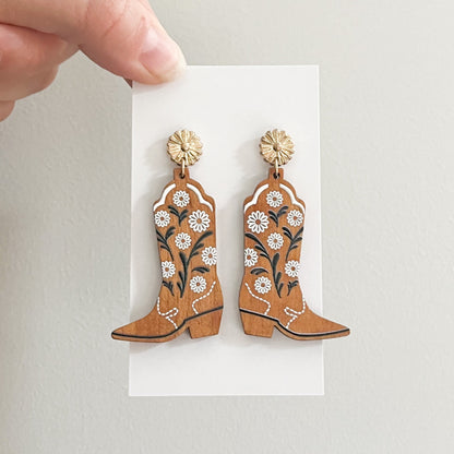 Wooden Flower Cowgirl Boot Statement Earrings