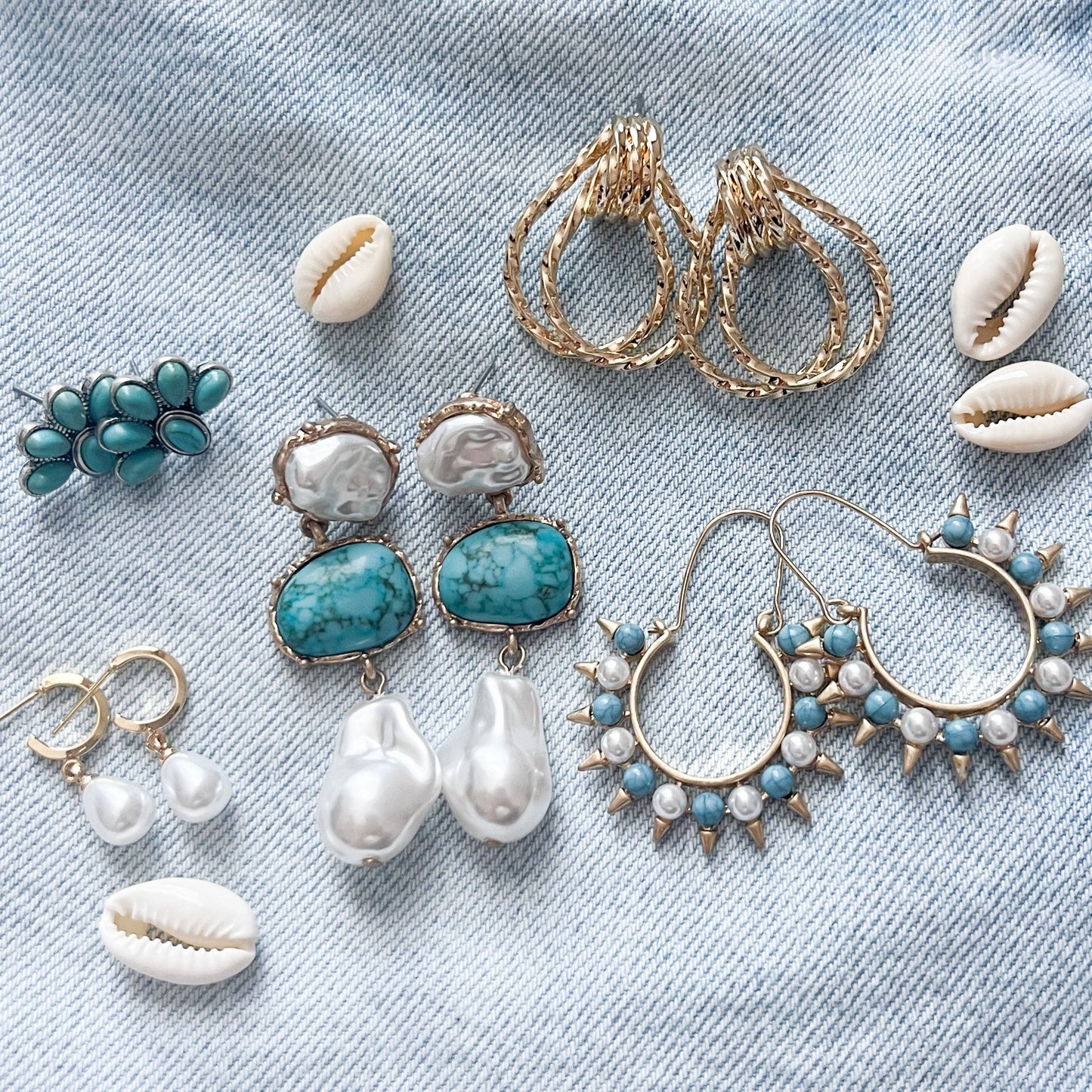 Turquoise Sunbeam Gold and Pearl Earrings