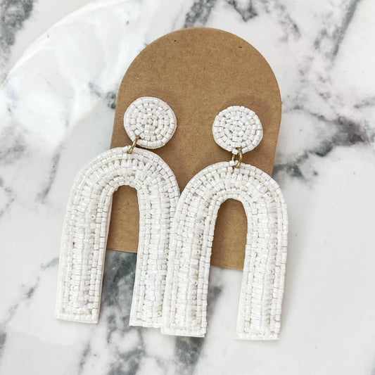 White Game Day Arch Seed Bead Statement Earrings