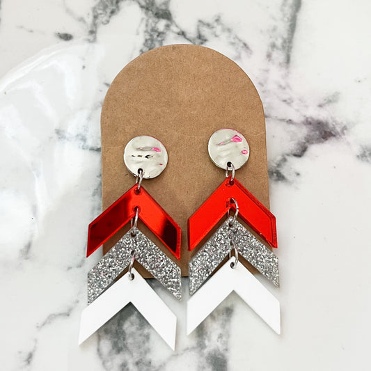 Red, Silver, and White Game Day Chevron Earrings