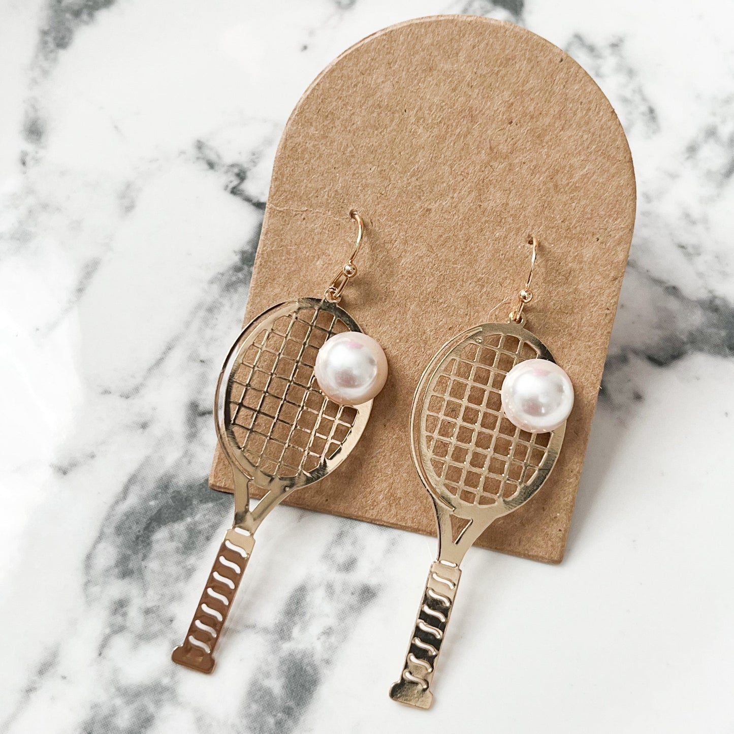 Gold and Pearl Tennis Racket Earrings