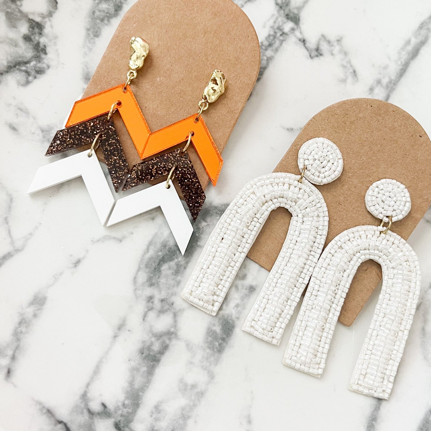 Orange, Brown, and White Game Day Chevron Earrings