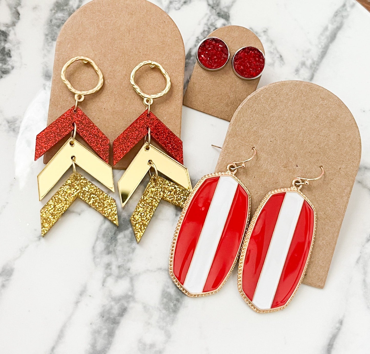 Red and Gold Glitter Game Day Chevron Earrings