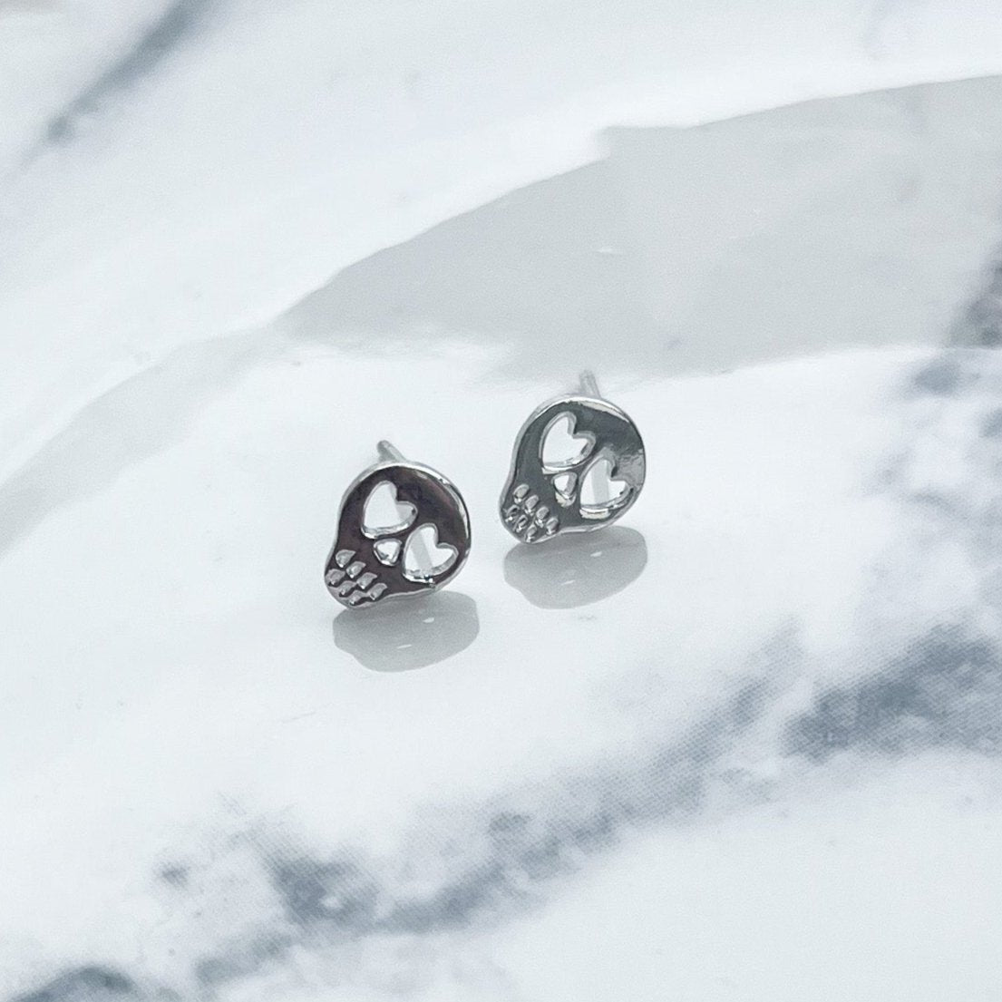 Heart Eye Silver Skull Stud Earrings