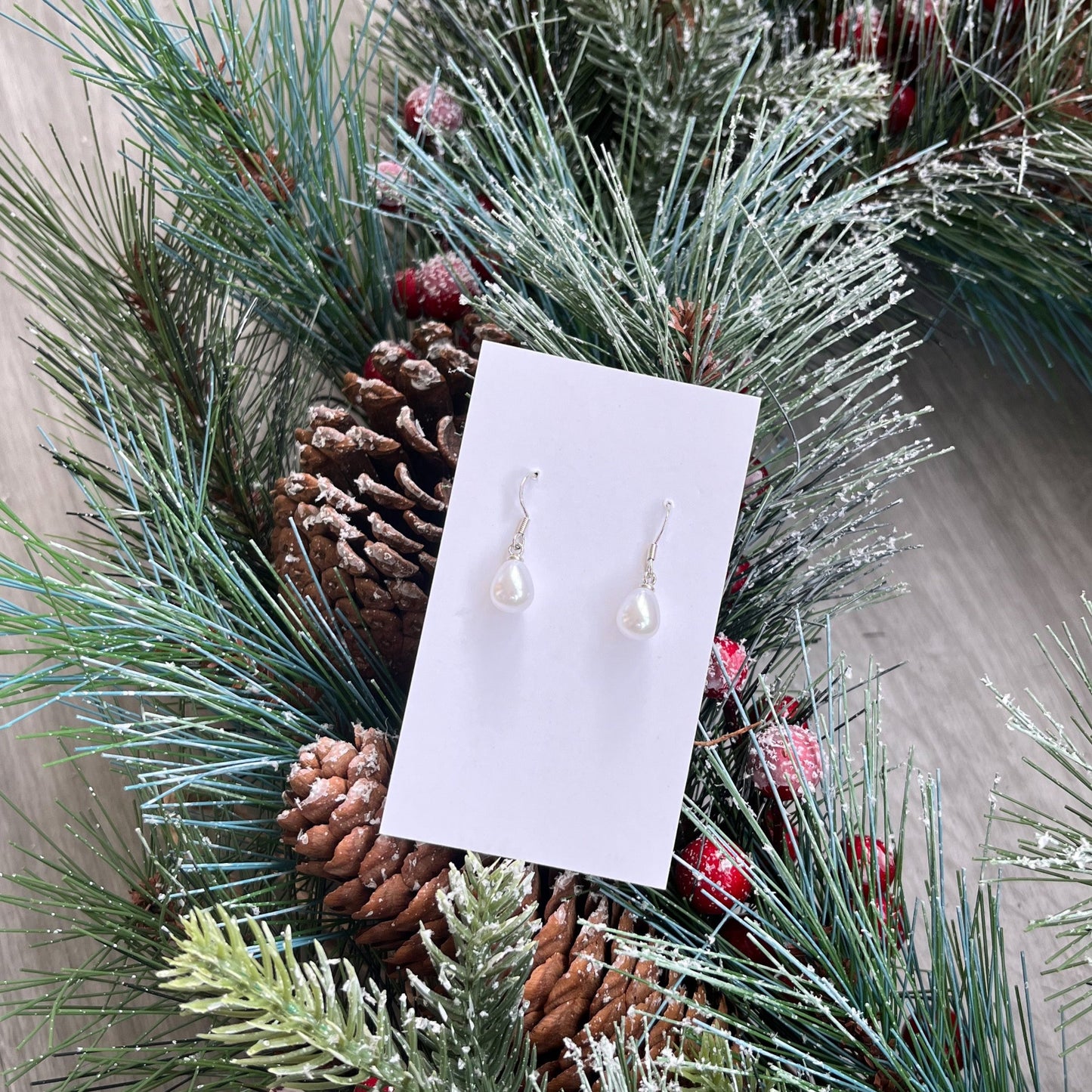 Holiday Silver Pearl Drop Earrings