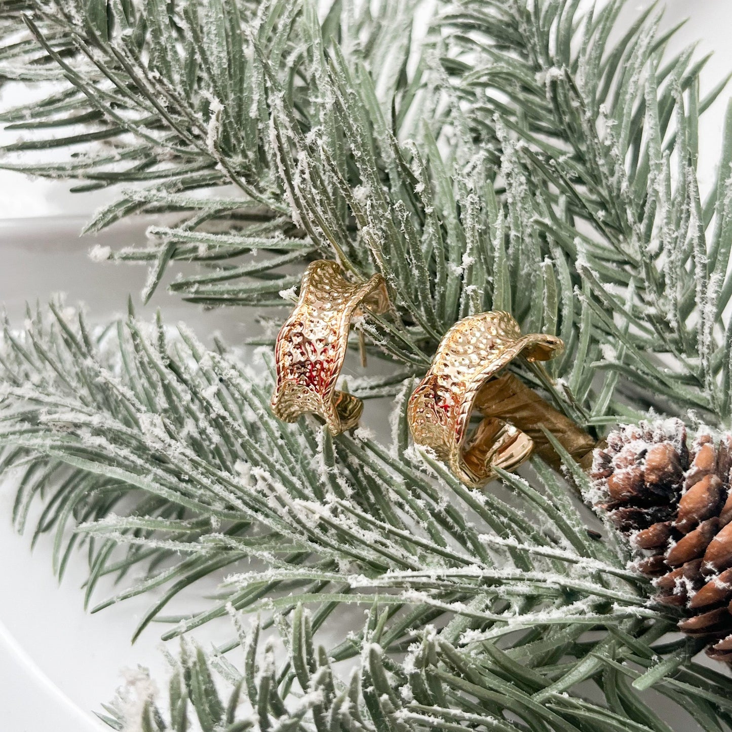 Gold Waved Hammered Hoop Earrings