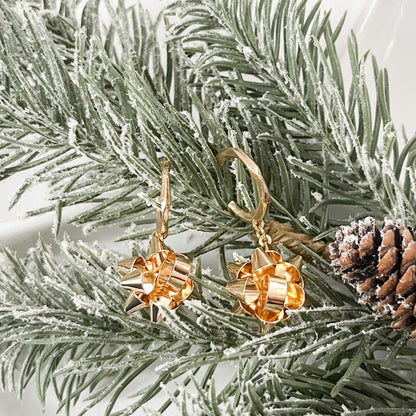 Gold Christmas Bow Huggie Drop Hoop Earrings