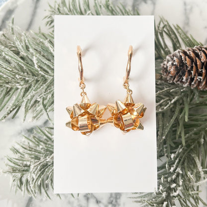 Gold Christmas Bow Huggie Drop Hoop Earrings