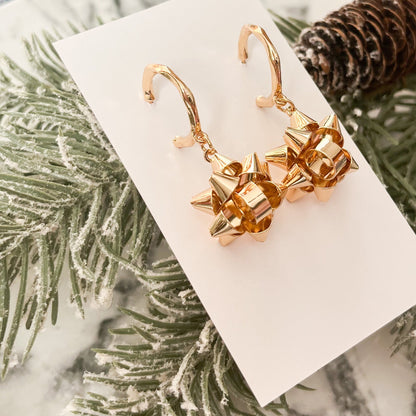 Gold Christmas Bow Huggie Drop Hoop Earrings