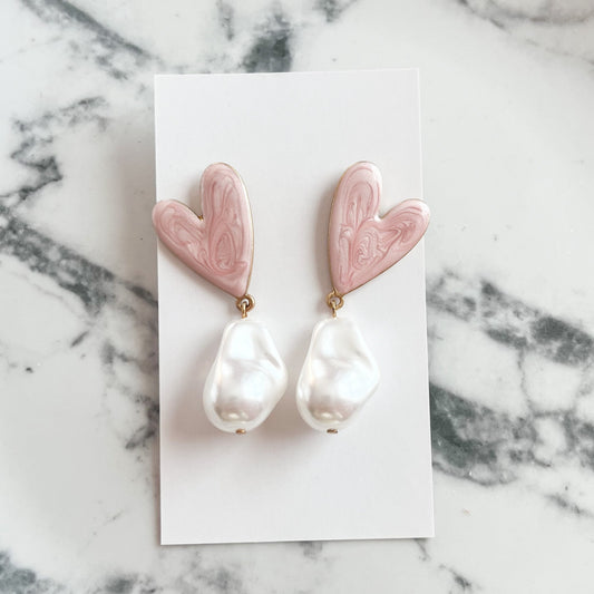Pink Heart and Pearl Drop Earrings