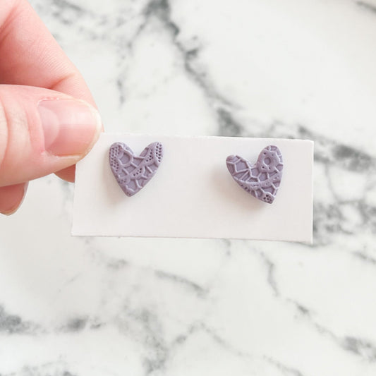 Purple Lace Heart Clay Stud Earrings