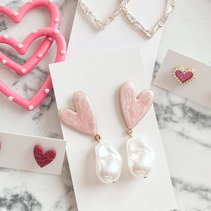 Pink Heart and Pearl Drop Earrings
