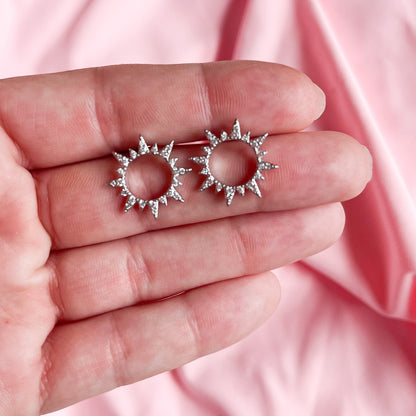 Silver Diamond Sun Stud Earrings