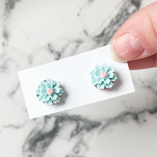 Teal Blue Spring Flower Stud Earrings