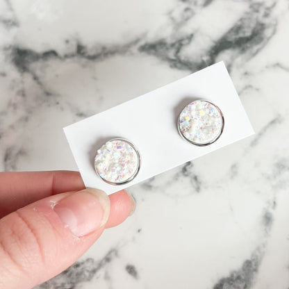 White Iridescent Glitter Stud Earrings