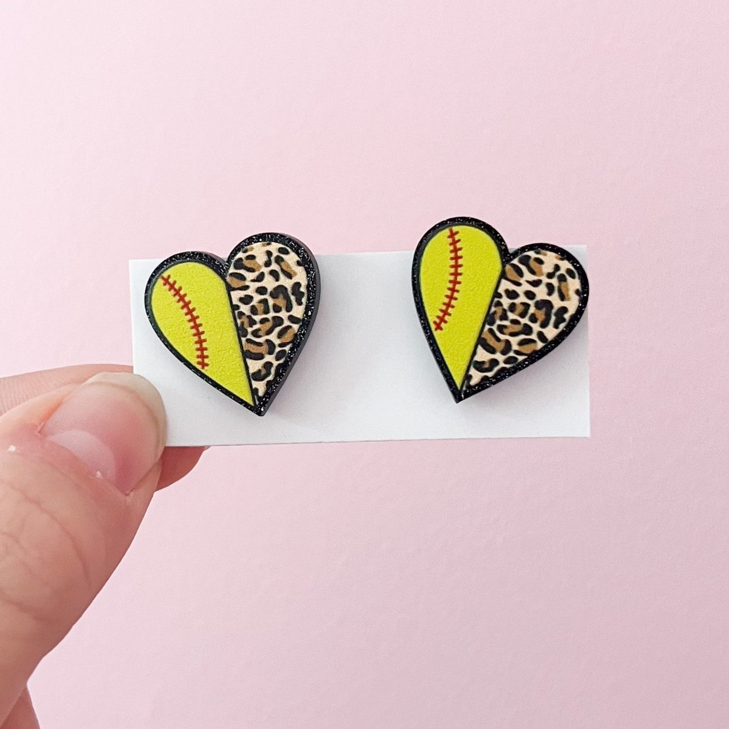 Leopard Softball Heart Statement Stud Earrings
