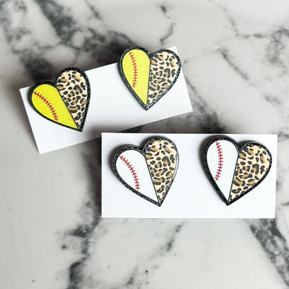 Leopard Softball Heart Statement Stud Earrings