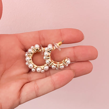 Chunky Pearl and Gold Hoop Earrings