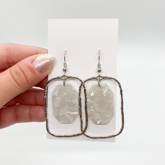 Silver and White Rectangle Drop Earrings
