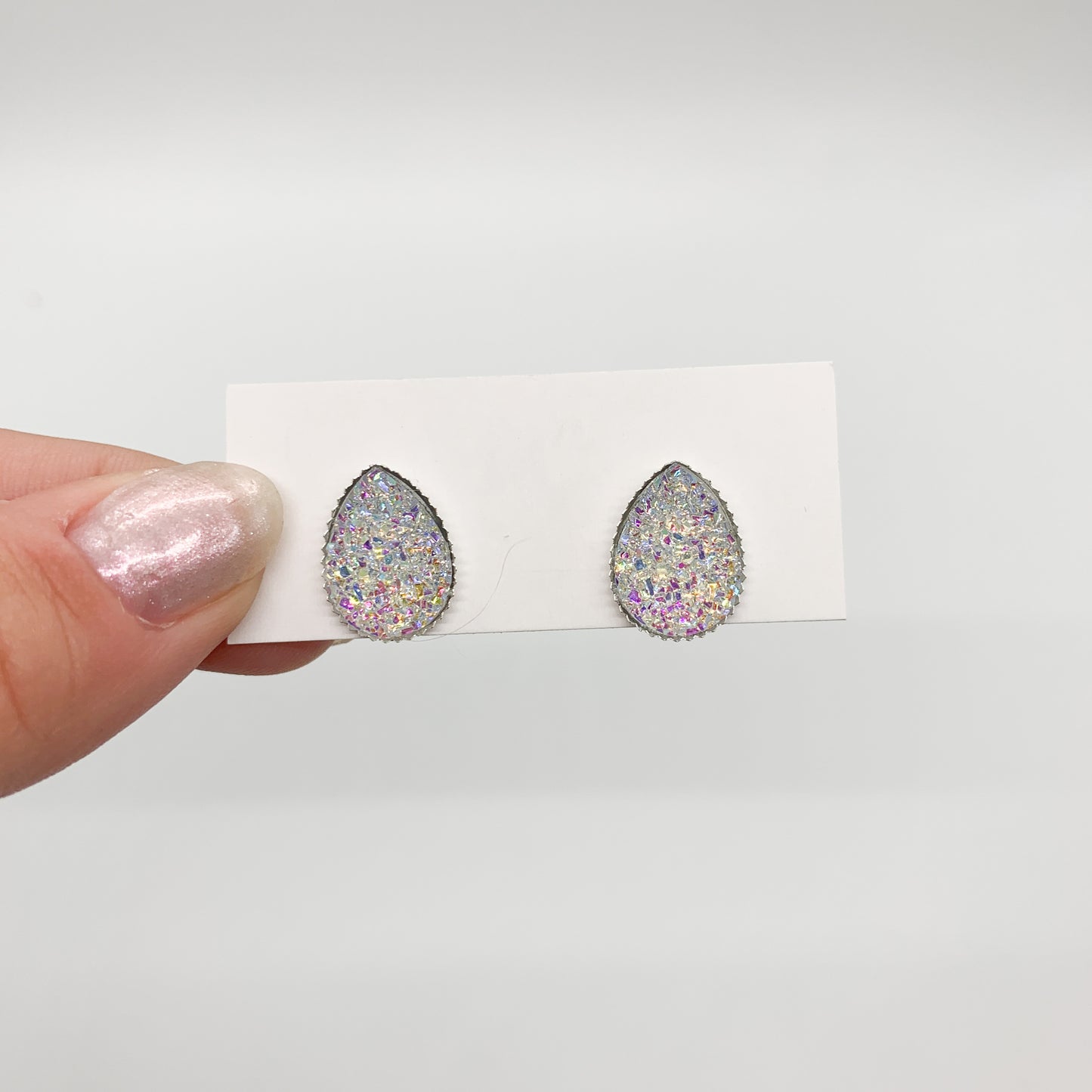 White Shimmer Teardrop Shape Stud Earrings